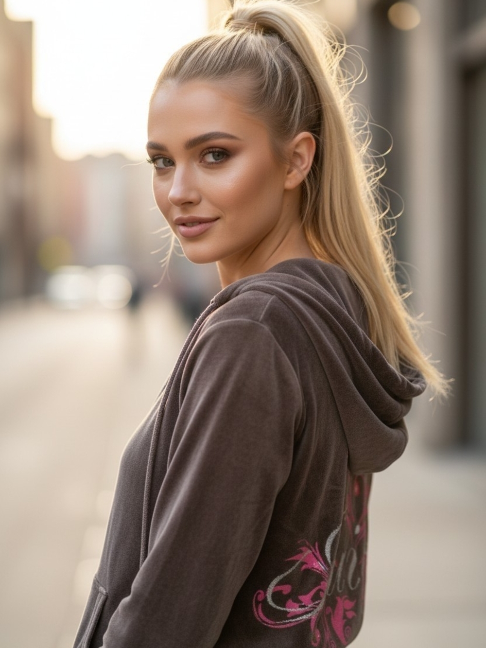 Vintage Juicy Couture Brown Hooded Zip-Up Sweatshirt with Pink Embroiderey